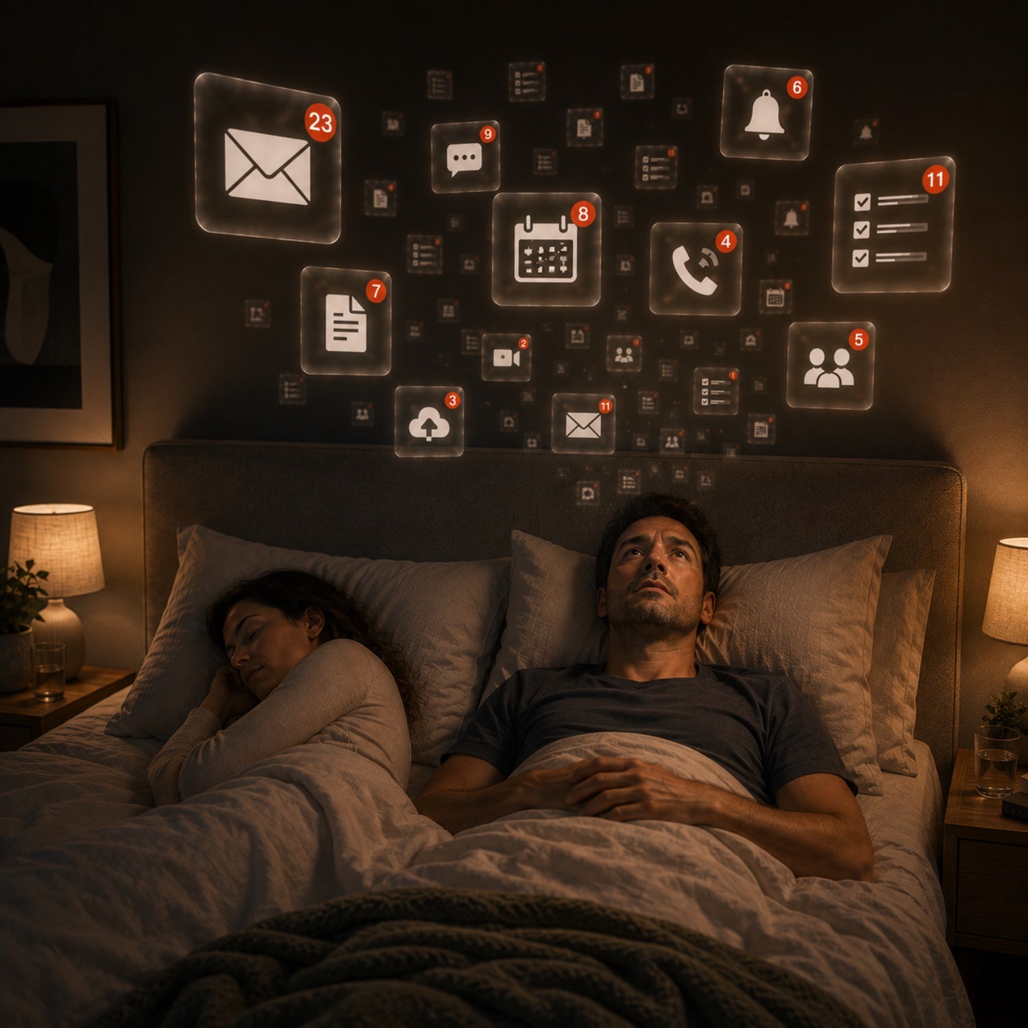 Man lying awake beside his sleeping partner, with notification symbols above him representing a busy mind struggling to switch off at night.
