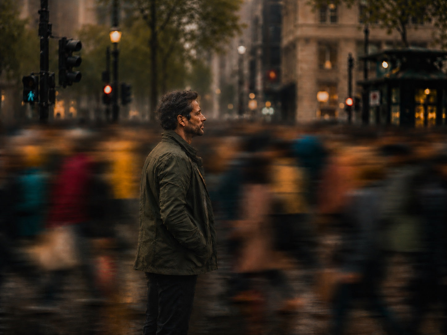 Person standing calmly in a busy city street with crowds moving around them, representing calm amid modern life