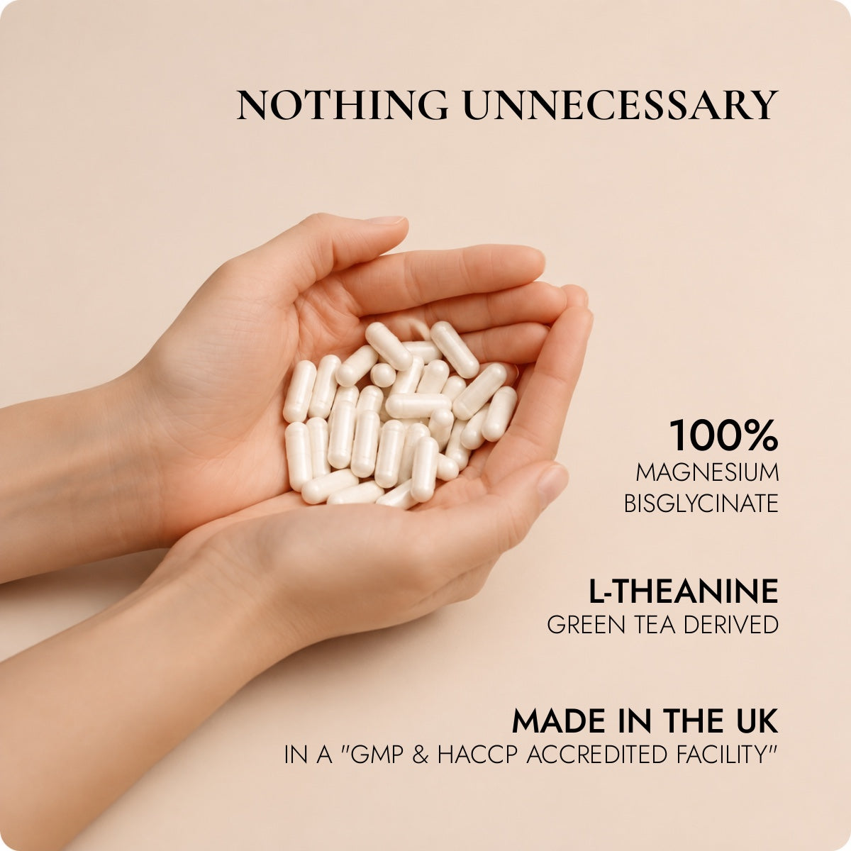 Hands holding white supplement capsules with SEREIN quality callouts for magnesium bisglycinate, green tea derived L-theanine and UK manufacturing.