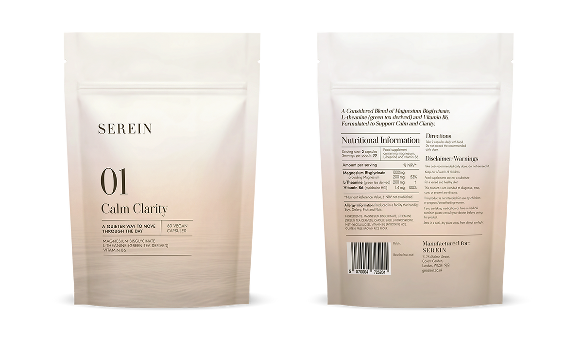 Front and rear views of the SEREIN No.1 Calm Clarity magnesium bisglycinate, L-theanine and vitamin B6 supplement pouch