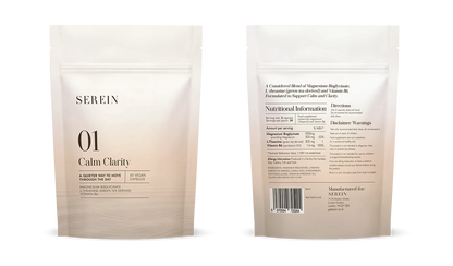 Front and rear views of the SEREIN No.1 Calm Clarity magnesium bisglycinate, L-theanine and vitamin B6 supplement pouch