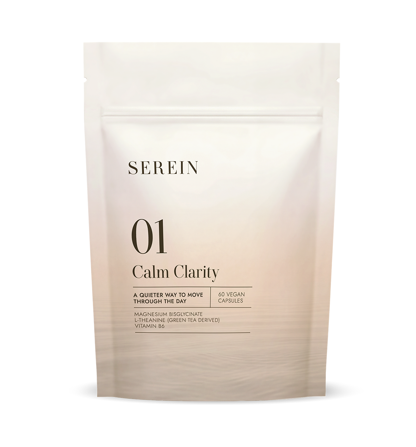Front view of the SEREIN No.1 Calm Clarity magnesium bisglycinate, L-theanine and vitamin B6 supplement pouch