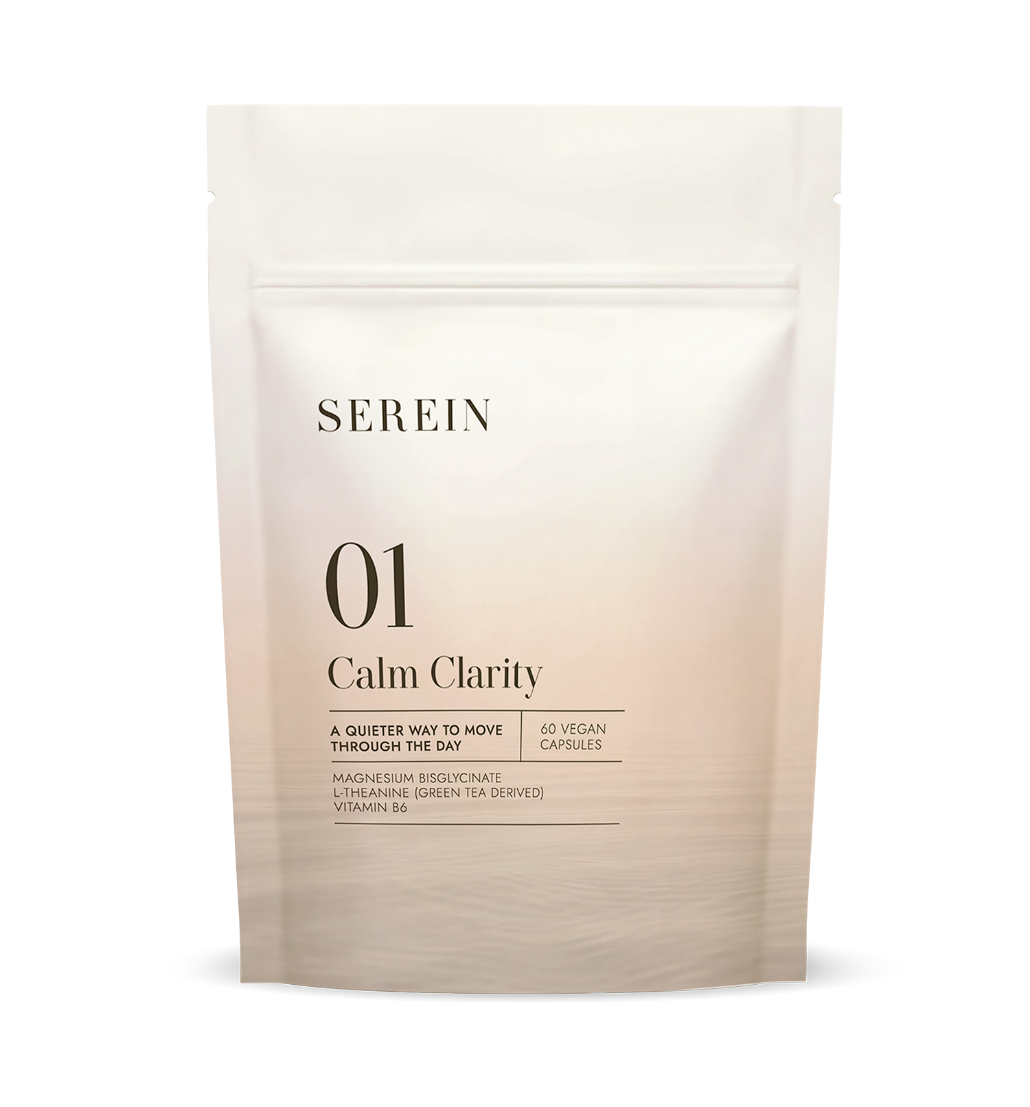 Front view of the SEREIN No.1 Calm Clarity magnesium bisglycinate, L-theanine and vitamin B6 supplement pouch