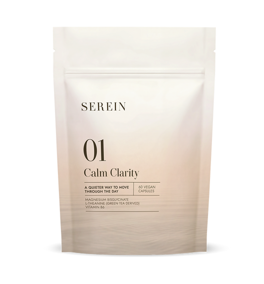 Front view of the SEREIN No.1 Calm Clarity magnesium bisglycinate, L-theanine and vitamin B6 supplement pouch