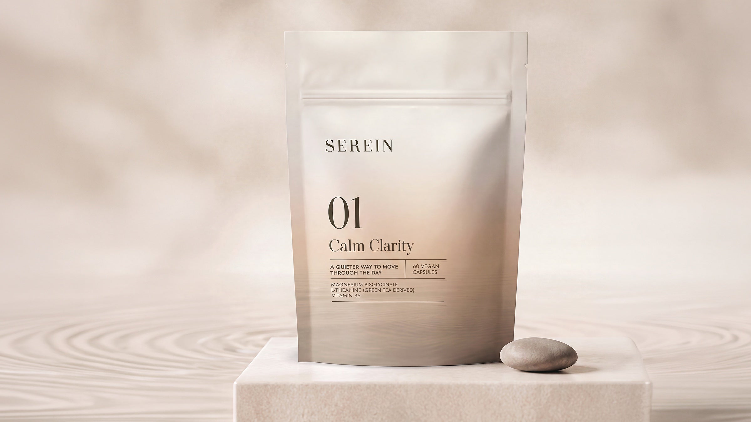 SEREIN No.1 Calm Clarity magnesium bisglycinate, L-theanine and vitamin B6 supplement pouch on a light stone plinth in soft natural light