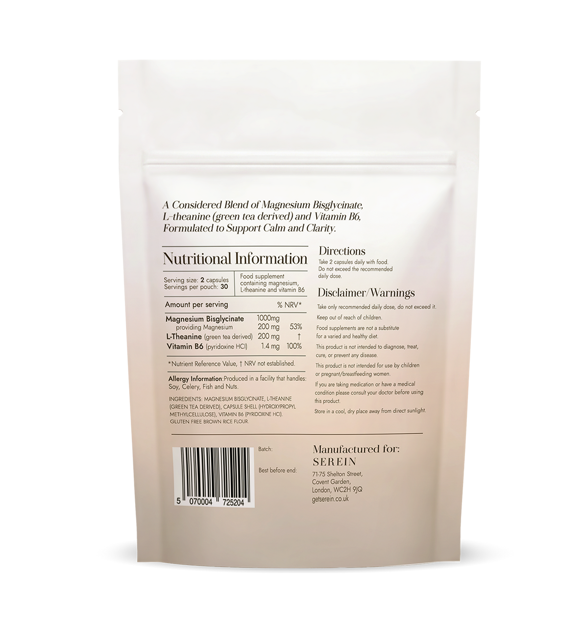 Rear view of the SEREIN No.1 Calm Clarity magnesium bisglycinate, L-theanine and vitamin B6 supplement pouch