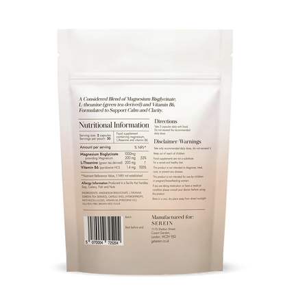 Rear view of the SEREIN No.1 Calm Clarity magnesium bisglycinate, L-theanine and vitamin B6 supplement pouch