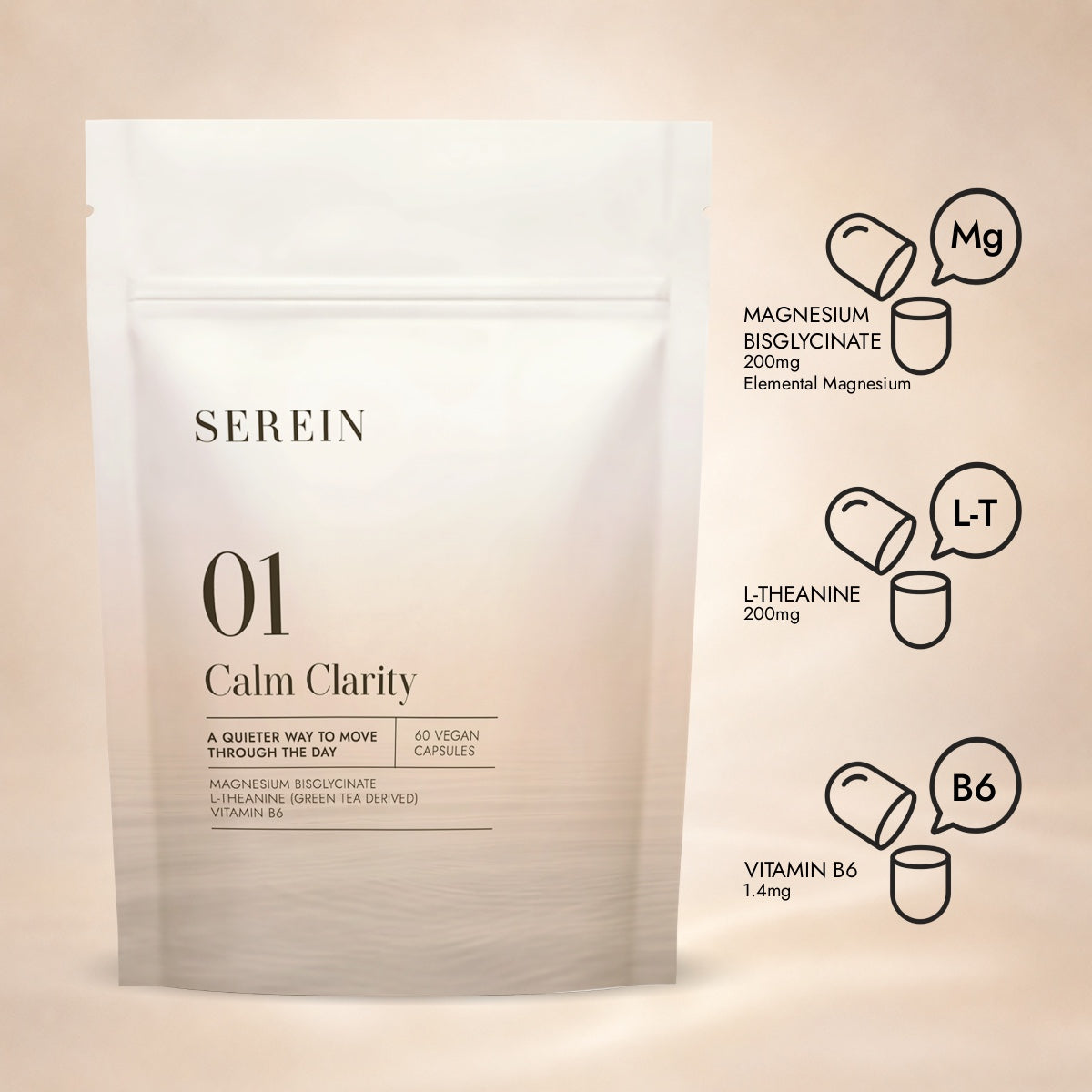 SEREIN No.1 Calm Clarity supplement pouch with magnesium bisglycinate, L-theanine and vitamin B6 labels to right side of pouch 
