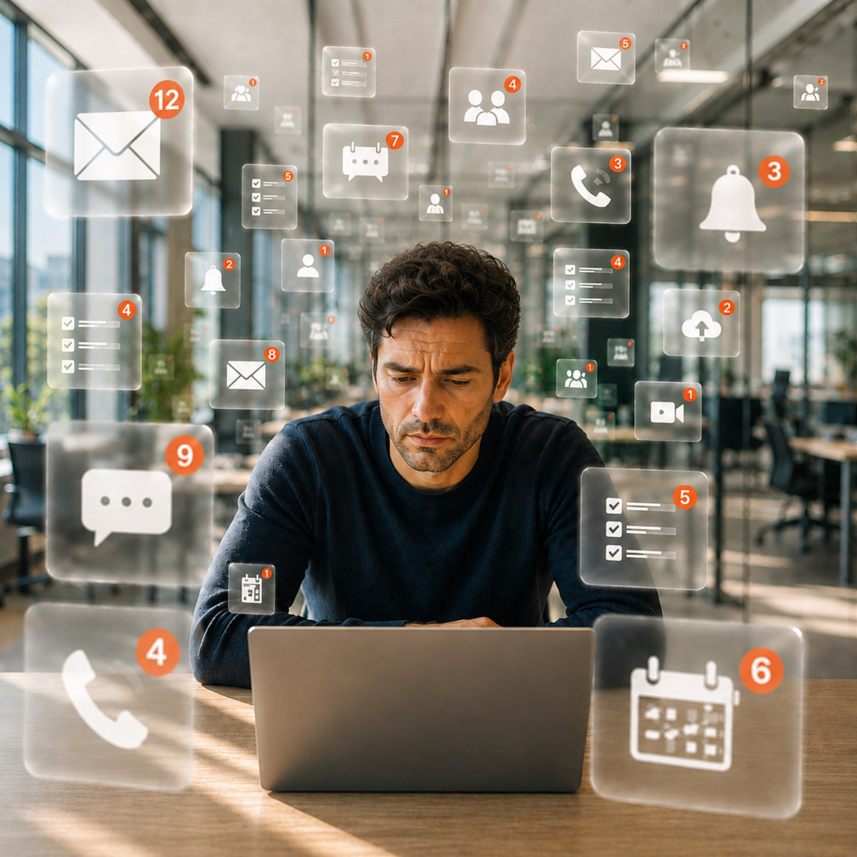 A man sitting at a desk in an office, looking down at a laptop with various digital notification and messaging app icons floating in front of him.
